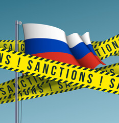 Yellow ribbons of economic, financial sanctions imposed on Russia flag background. Anti Russian international sanctions embargo against Russia invasion of Ukraine crisis banner. Ban of crossed flag