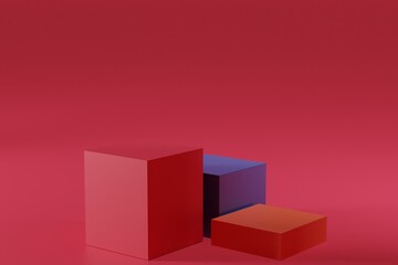 3d rendering shape for products display presentation. Colored cube pedestal podium on red background.