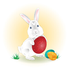 Easter Bunny with multi-colored painted eggs on a yellow background. Easter holiday concept.