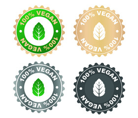 100% vegan sign, icon, logo. Plant-based product label. Set of leafy round stamps.
