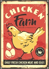 Chicken farm retro sign template with yellow chicken and eggs on old red background. Vintage vector billboard layout.