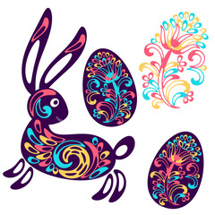 Holiday illustration of Easter bunny, eggs and floral element