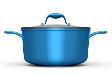 Stainless steel stewpot and chrome plated aluminum cookware on white background