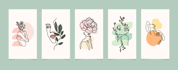 Woman line face set. Color design background for social media with woman, flower, leaf, shape.
