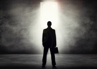 Obraz premium The corporate world beckons. Conceptual shot of a businessman looking towards a bright doorway.
