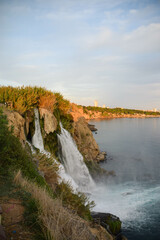 Lower Duden Waterfall with beautiful evening light at sunset in Antalya, Turkey