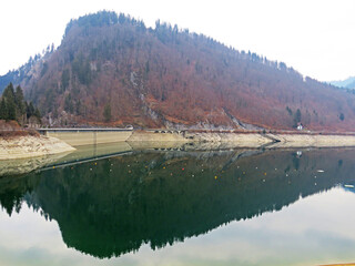 The dam on the artificial alpine Lake Wägitalersee (Waegitalersee or Wagitalersee), Innerthal -...