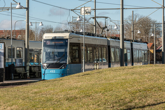 Gothenburg, Sweden - February 27 2022: M33 tram number 493 on line 5 ready to depart Östra Sjukhuset.