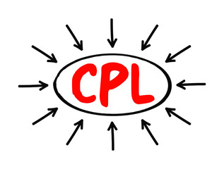 CPL Cost Per Lead - online advertising pricing model, where the advertiser pays for an explicit sign-up from a consumer interested in the advertiser's offer, acronym text with arrows