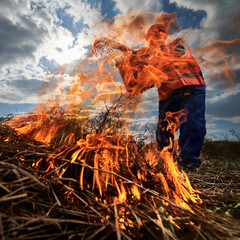 Firefighter ecologist fighting fire in field with cloudy sky on background. Low angle view of male...