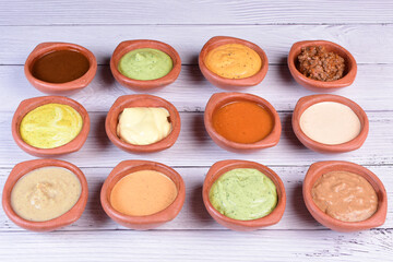 Mix of exotic and colorful sauces, various tropical flavors of the Colombian Pacific