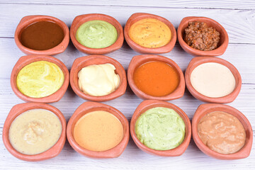 Mix of exotic and colorful sauces, various tropical flavors of the Colombian Pacific