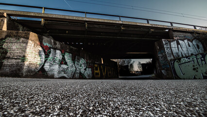 Dortmund, Germany - 19. March 2022: Rail underpass on the former Phoenix West site. The walls are...