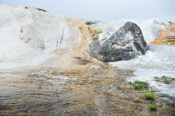 limestone formation at Mammoth Hot Spring, contrast against  black rock, United States America