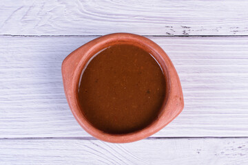 Mix of exotic and colorful sauces, spicy tropical flavors of the Colombian Pacific