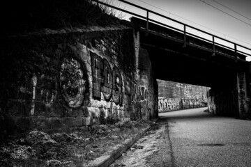 Dortmund, Germany - 19. March 2022: Rail underpass on the former Phoenix West site. The walls are...