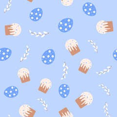 Easter cake, willow, colored eggs cute seamless pattern. Happy Easter concept. Vector illustration for fabric design, gift paper, baby clothes, textiles, cards.