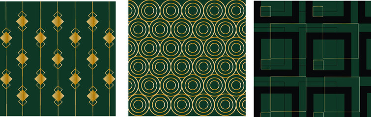 Set of modern patterns in art deco style. Green, black and gold colors. Use in web design, banners, posters, backgrounds.Vector.