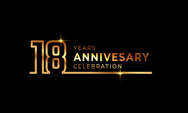 18 Year Anniversary Celebration Logotype with Golden Colored Font Numbers Made of One Connected Line for Celebration Event, Wedding, Greeting card, and Invitation Isolated on Dark Background