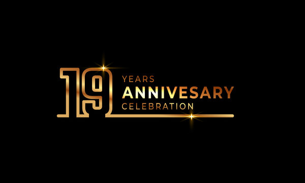 19 Year Anniversary Celebration Logotype with Golden Colored Font Numbers Made of One Connected Line for Celebration Event, Wedding, Greeting card, and Invitation Isolated on Dark Background