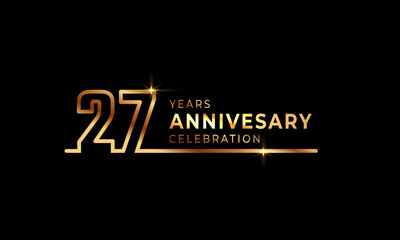 27 Year Anniversary Celebration Logotype with Golden Colored Font Numbers Made of One Connected Line for Celebration Event, Wedding, Greeting card, and Invitation Isolated on Dark Background