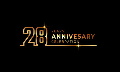28 Year Anniversary Celebration Logotype with Golden Colored Font Numbers Made of One Connected Line for Celebration Event, Wedding, Greeting card, and Invitation Isolated on Dark Background