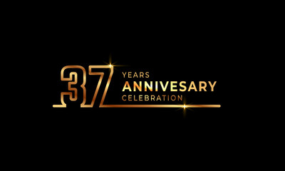 37 Year Anniversary Celebration Logotype with Golden Colored Font Numbers Made of One Connected Line for Celebration Event, Wedding, Greeting card, and Invitation Isolated on Dark Background
