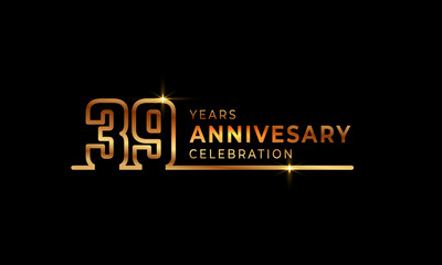 39 Year Anniversary Celebration Logotype with Golden Colored Font Numbers Made of One Connected Line for Celebration Event, Wedding, Greeting card, and Invitation Isolated on Dark Background