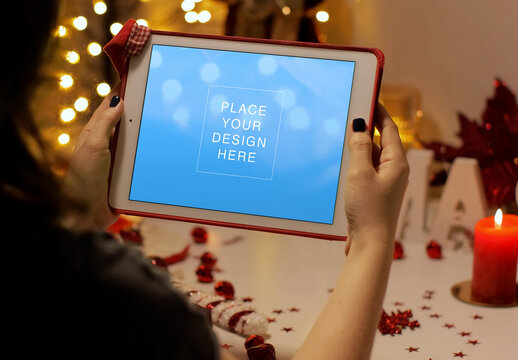 Christmas Mockup iPad Tablet on Woman's Hands