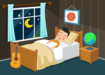 Cute Cartoon Boy Sleeping in Bed. Moony Night, Bedroom Flat Illustration