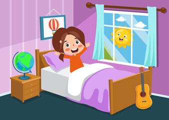 Cute Cartoon Girl Waking From Sleep in Bed. Good Morning, Sun Rising, Bedroom Flat Illustration