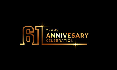 61 Year Anniversary Celebration Logotype with Golden Colored Font Numbers Made of One Connected Line for Celebration Event, Wedding, Greeting card, and Invitation Isolated on Dark Background