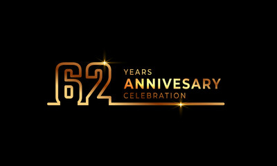 62 Year Anniversary Celebration Logotype with Golden Colored Font Numbers Made of One Connected Line for Celebration Event, Wedding, Greeting card, and Invitation Isolated on Dark Background