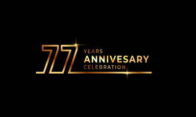 77 Year Anniversary Celebration Logotype with Golden Colored Font Numbers Made of One Connected Line for Celebration Event, Wedding, Greeting card, and Invitation Isolated on Dark Background