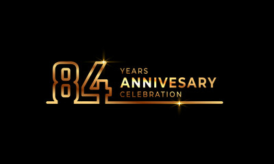 84 Year Anniversary Celebration Logotype with Golden Colored Font Numbers Made of One Connected Line for Celebration Event, Wedding, Greeting card, and Invitation Isolated on Dark Background