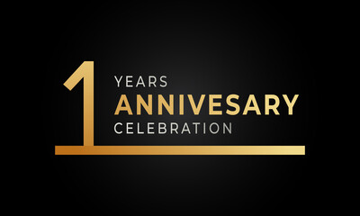 1 Year Anniversary Celebration Logotype with Single Line Golden and Silver Color for Celebration Event, Wedding, Greeting card, and Invitation Isolated on Black Background