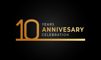 10 Year Anniversary Celebration Logotype with Single Line Golden and Silver Color for Celebration Event, Wedding, Greeting card, and Invitation Isolated on Black Background