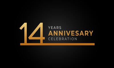 14 Year Anniversary Celebration Logotype with Single Line Golden and Silver Color for Celebration Event, Wedding, Greeting card, and Invitation Isolated on Black Background