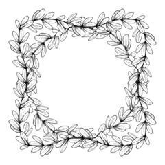 A botanical frame made of a combination of round and square arrangement of branches with leaves. Laconic pattern in a linear style. Live drawing. For the design of printed products.