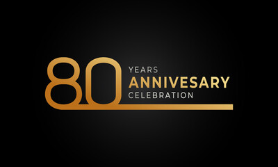 80 Year Anniversary Celebration Logotype with Single Line Golden and Silver Color for Celebration Event, Wedding, Greeting card, and Invitation Isolated on Black Background