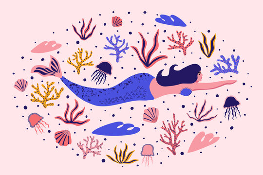 Cute mermaid with seaweed, corals, jellyfish, shells. Nautical summer background for textiles, t-shirts, greeting cards and more. Hand drawn vector illustration.