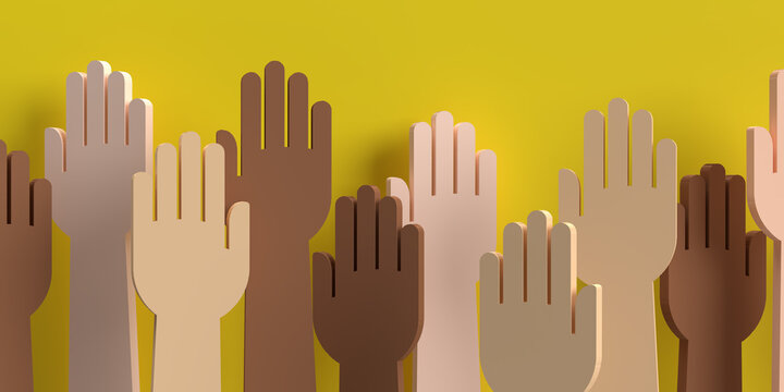 Diverse Raised hands Unity concept: 3D render colored skin, arms up. Volunteering charity, party, votes flyer, donation, banner team, help, friends. Illustration on yellow background, copy space