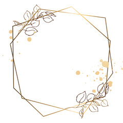 Golden square polygonal frame with branches and golden flowers White background and space for text. Vector illustration.