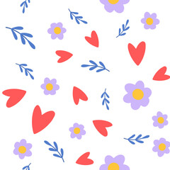 Flower and heart cute seamless pattern. Vector illustration for fabric design, gift paper, baby clothes, textiles, cards.