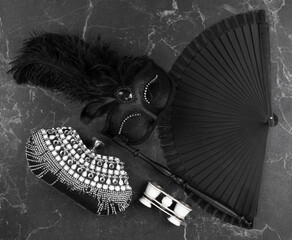 venetian mask, theater accessories on black background