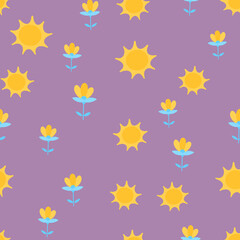 Flowers and sun cute seamless pattern. Vector illustration for fabric design, gift paper, baby clothes, textiles, cards.