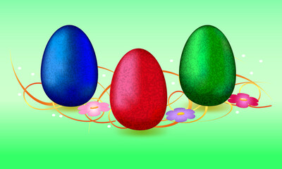 Painted multicolored Easter eggs on a green background. Luxurious bright vector illustration for the Easter holiday.