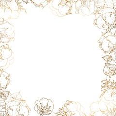 Square golden frame made of golden cotton buds and leaves on a white background. Minimalism of forms in a square frame and abstraction. Leaves with cotton.