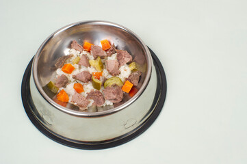 Bol de comida casera de perro, carne, arroz y verduras