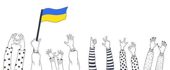 Hand-draw applause. Vector doodle illustration of a hand with Ukrainian flag. Freedom. Love. Peace.